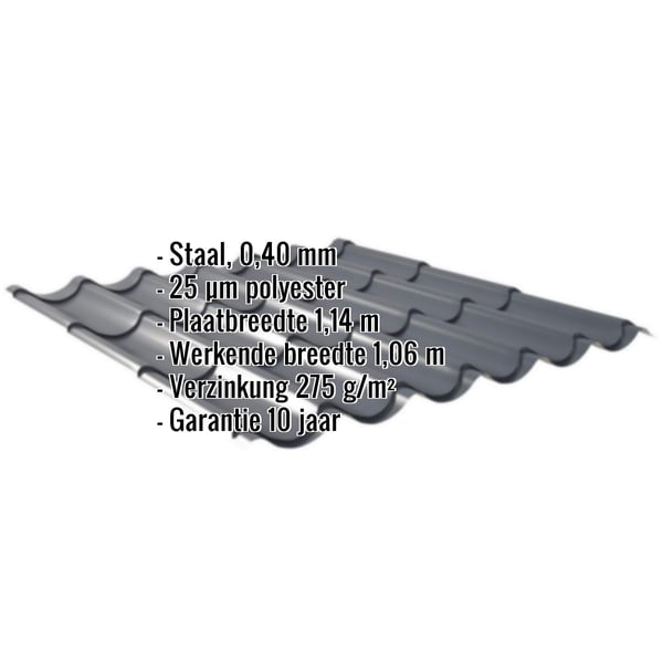 Dakpanplaat 2/1060 antracietgrijs, 0,40 mm staal, met ingebedde specificaties als infografiek
