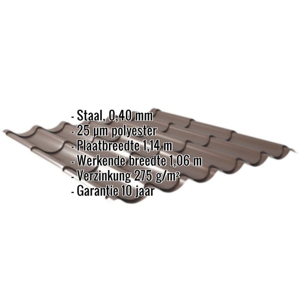 Dakpanplaat 2/1060 Sepiabruin, 0,40 mm staal, 25 µm polyester, met ingebedde productgegevens