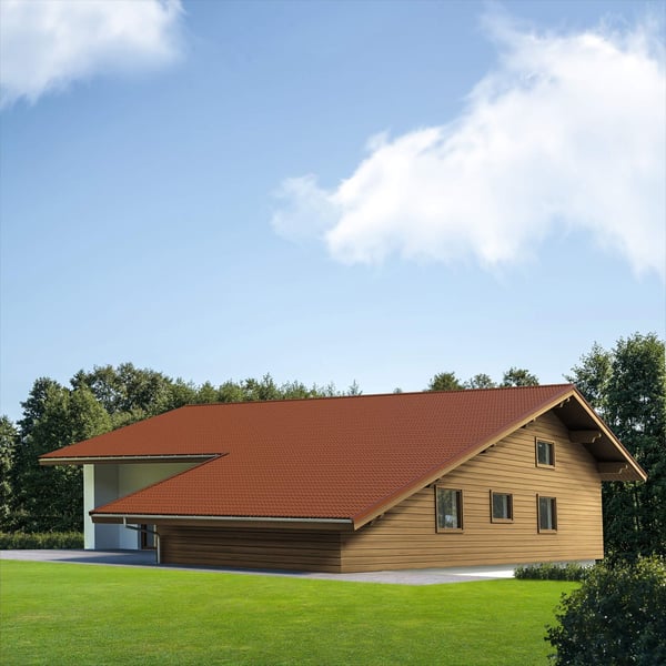 Dakpanplaat 2/1060 Koperbruin op het dak van een houten huis met garage