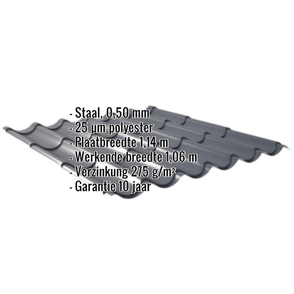 Dakpanplaat 2/1060 Antracietgrijs met ingebedde technische gegevens en materiaaleigenschappen