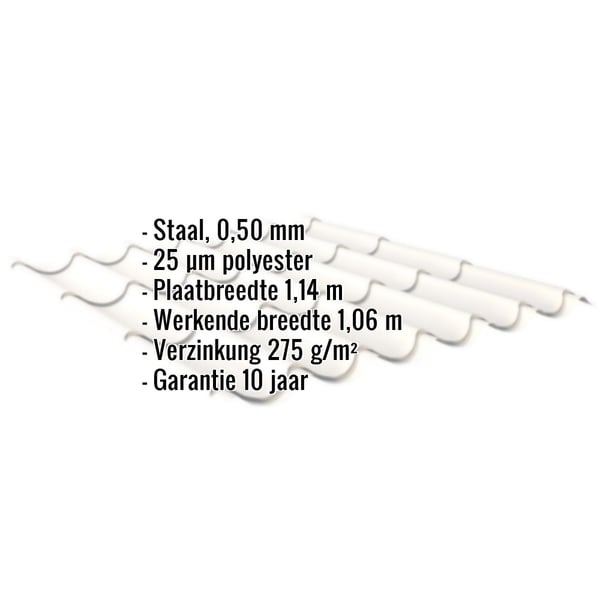 Dakpanplaat 2/1060 Zuiverwit, 0,50 mm staal, infografiek met specificaties