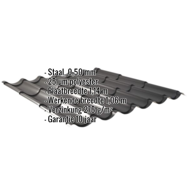 Dakpanplaat 2/1060 Gitzwart met ingebedde specificaties voor materiaal, dikte en coating