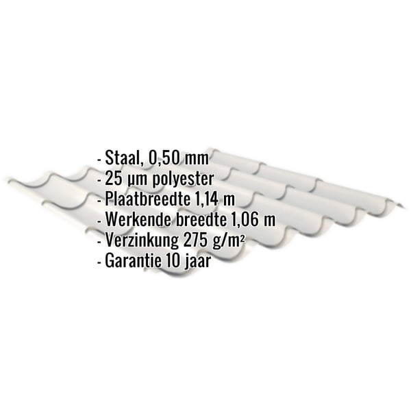 Dakpanplaat 2/1060 Zilver-Metallic met ingebedde technische gegevens over materiaal, dikte en breedte