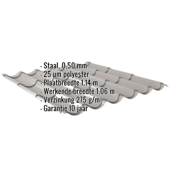 Dakpanplaat 2/1060, grijs aluminiumkleurig, met ingebedde specificaties voor materiaal, dikte en coating