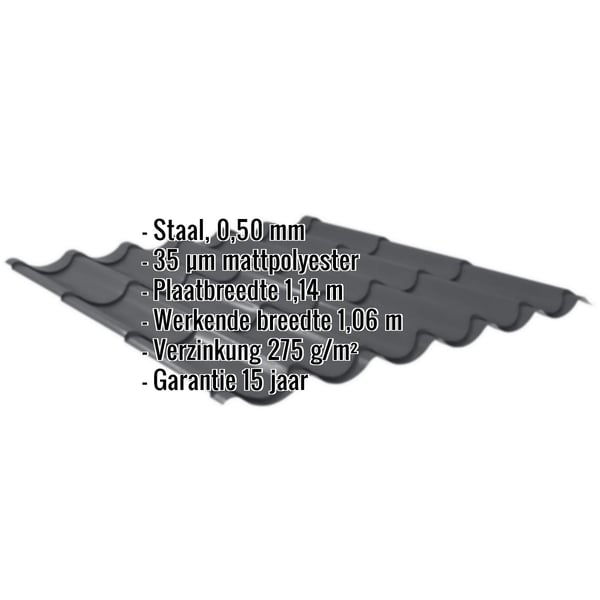 Dakpanplaat 2/1060 donkergrijs, 0,50 mm, met ingebedde specificaties voor materiaal, coating en garantie