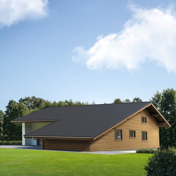Dak van een houten huis met donkergrijze dakpanplaat 2/1060, 0,50 mm, mat polyester