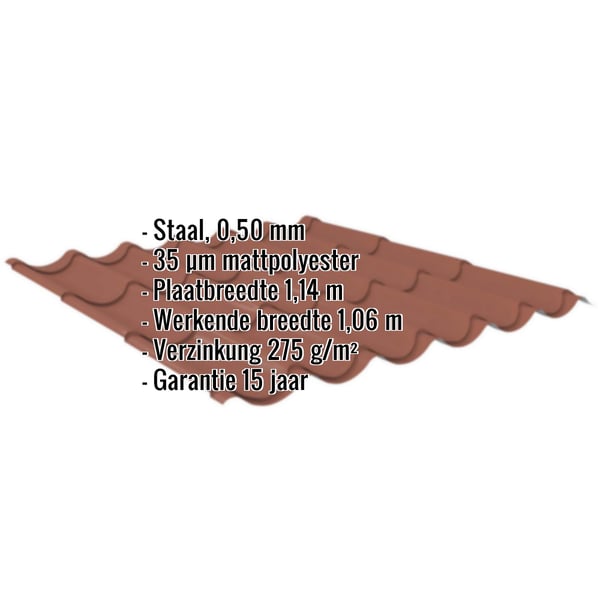 Dakpanplaat 2/1060 Terracotta, 0,50 mm, met ingebouwde specificaties over materiaal en afmetingen