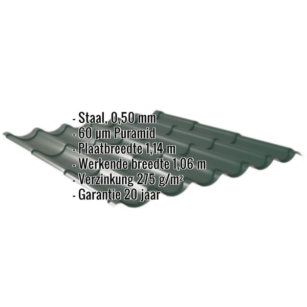 Dakpanplaat 2/1060 Mosgroen met ingebedde productgegevens over materiaal, dikte, coating en garantie