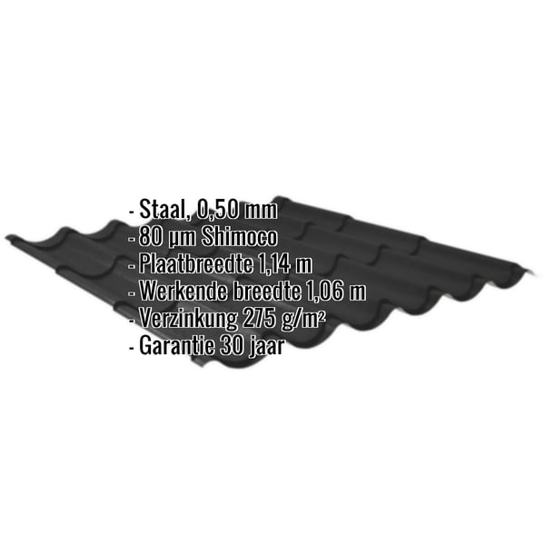 Dakpanplaat 2/1060 Gitzwart (RAL 9005) met ingebedde specificaties voor materiaal, dikte en coating