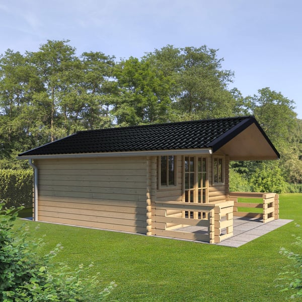 Dakpanplaat 2/1060 Gitzwart (RAL 9005) op een tuinhuis met veranda, toepassingsvoorbeeld