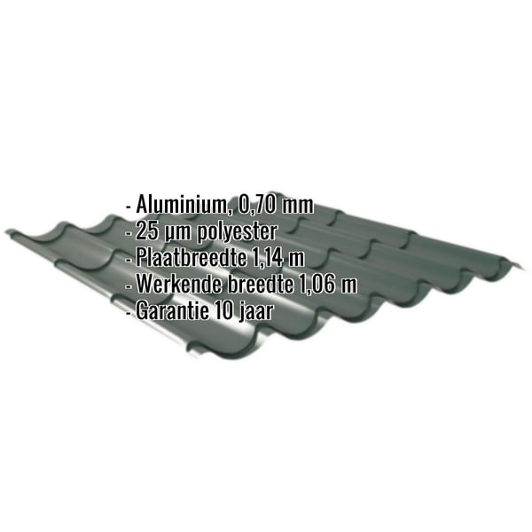 Mosgroene dakpanplaat van aluminium met 25 µm polyestercoating, belangrijke gegevens weergegeven