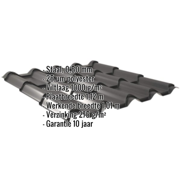 Dakpanplaat EUROPA Gitzwart RAL 9005 met ingebedde productgegevens zoals materiaal, dikte en coating