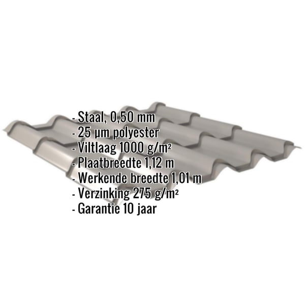 Dakpanplaat EUROPA grijs aluminiumkleurig met ingebedde productgegevens zoals materiaal, dikte en coating