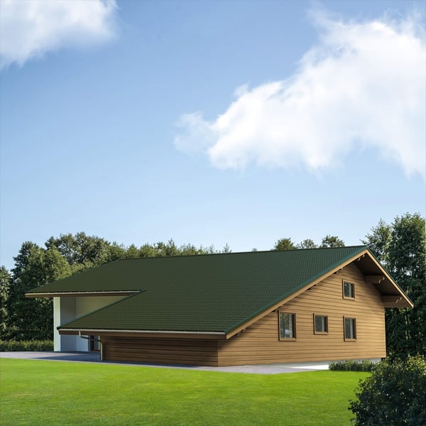 Huis met dak van dakpanplaat EUROPA Chroomoxydegroen, 0,63 mm staal, 25 µm polyestercoating