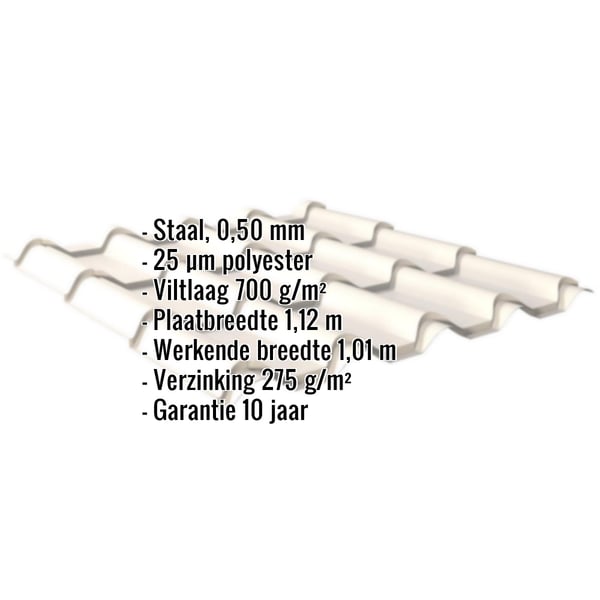 Dakpanplaat EUROPA Zuiverwit, 0,50 mm staal met 25 µm polyestercoating en anti-condensvilt, specificaties getoond