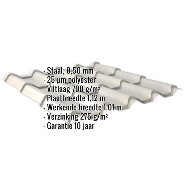 Dakpanplaat EUROPA Zilver-Metallic met ingebedde productgegevens over materiaal, dikte en coating