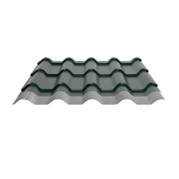 Dakpanplaat EUROPA mosgroen, aluminium 0,70 mm, met grijs anticondensvlies aan de onderzijde