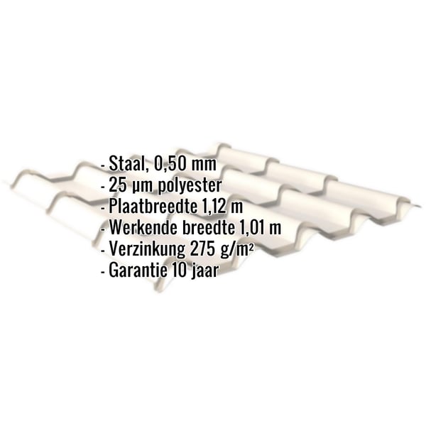 Dakpanplaat EUROPA Zuiverwit, 0,50 mm staal met polyestercoating, kerngegevens weergegeven