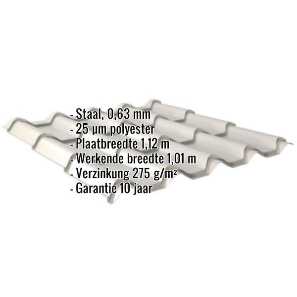 Dakpanplaat EUROPA Zilver-Metallic, 0,63 mm, met ingebedde specificaties voor materiaal, coating en afmetingen