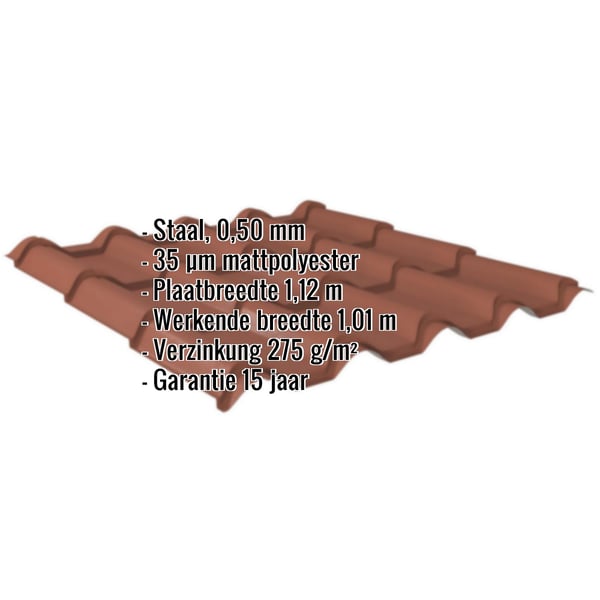 Dakpanplaat EUROPA Terracotta met ingebedde specificaties voor materiaal, dikte en coating