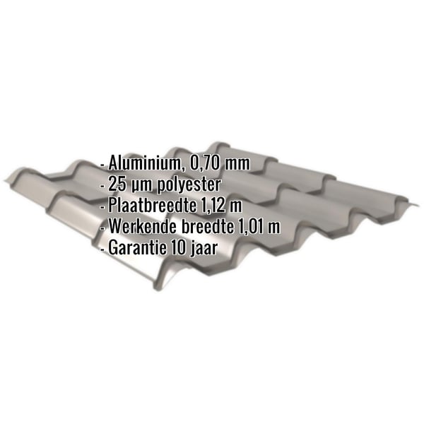 Dakpanplaat EUROPA aluminium 0,70 mm, grijs, met ingebouwde gegevens over materiaal, dikte, breedte en garantie
