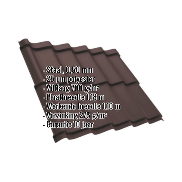 Dakpanplaat Szafir 350/15, 0,50 mm, RAL 8017 Chocoladebruin met ingebedde technische gegevens