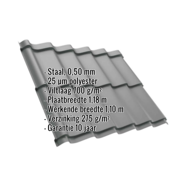 Dakpanplaat Szafir 350/15, grijs aluminiumkleurig, met ingebedde productgegevens