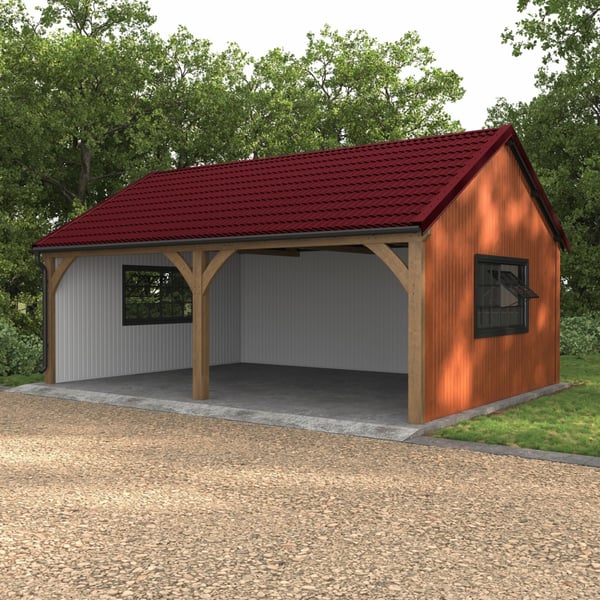 Dakpanplaat Szafir 350/15 wijnrood op een carport met houten constructie, verlegd