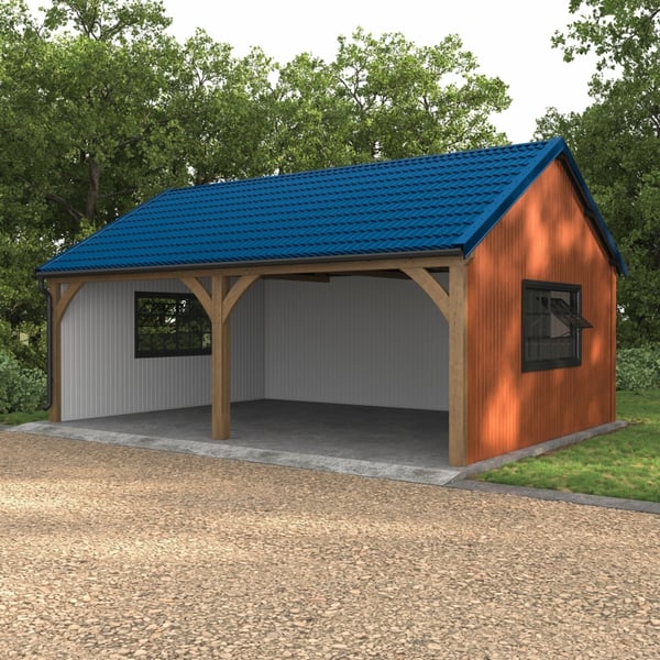 Carport met dak van dakpanplaat Szafir 350/15 in Gentiaanblauw, houten constructie en witte wand