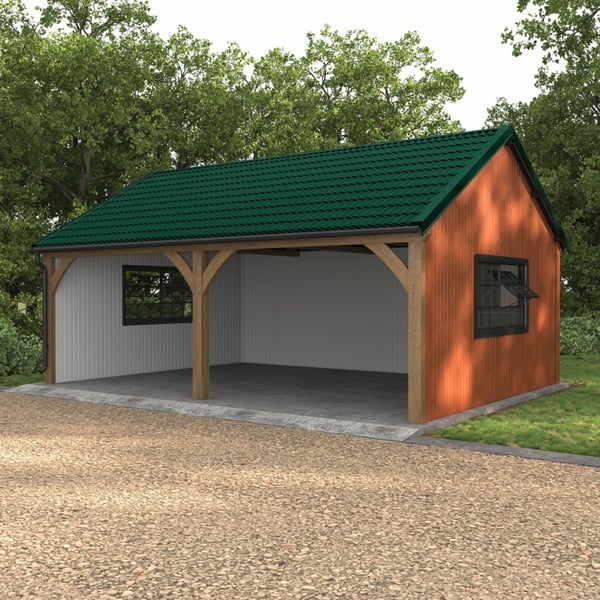Carport met mosgroene dakpanplaat Szafir 350/15 dak, houten constructie