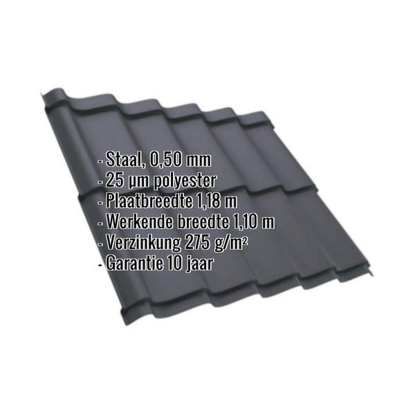 Dakpanplaat Szafir 350/15 Grafietgrijs, 0,50 mm staal, met ingebedde specificaties