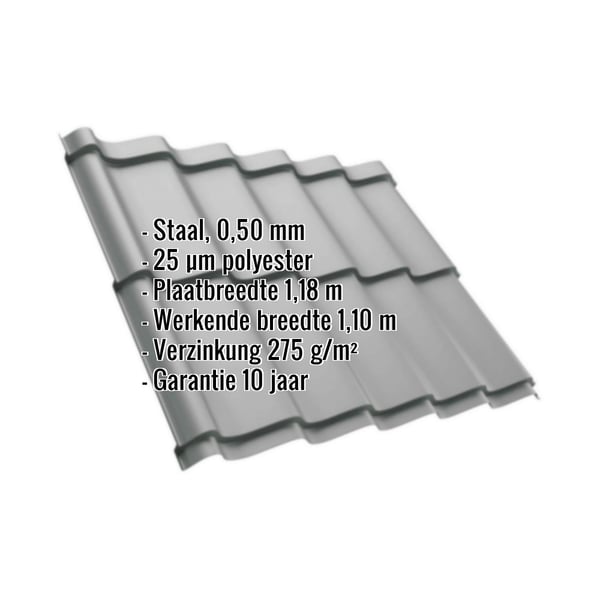Dakpanplaat Szafir 350/15 Zilver-Metallic met ingebedde productgegevens over materiaal en coating