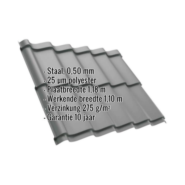 Dakpanplaat Szafir 350/15, grijs aluminiumkleurig, met ingebedde productgegevens en garantie