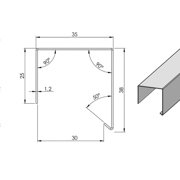 Technische tekening van de doorsnede van het dakrandprofiel CUBE met afmetingen en hoeken