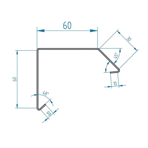 Technische tekening dakrandprofiel ISOS met afmetingen 60x60 mm en hoeken 48 en 53 graden