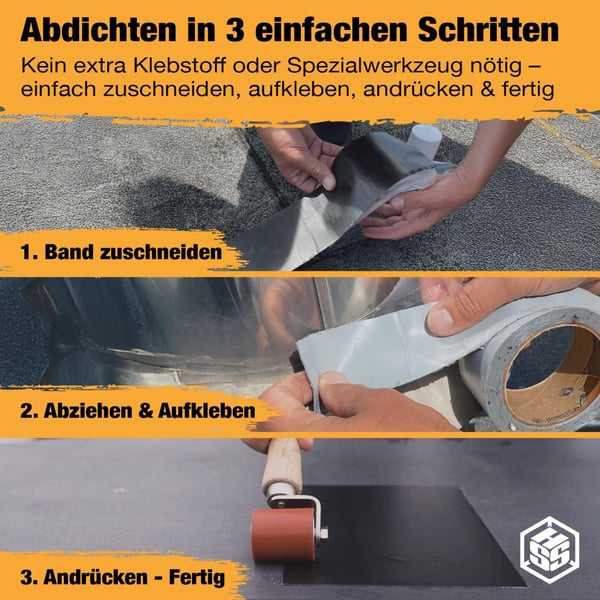 Dak reparatieband EPDM grijs, afdichten in 3 stappen: snijden, afpellen, plakken en aandrukken