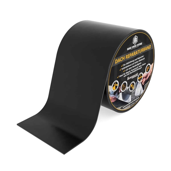 Dak reparatieband met MicroSealant, zwarte EPDM-band op rol, productinformatie aan de zijkant getoond