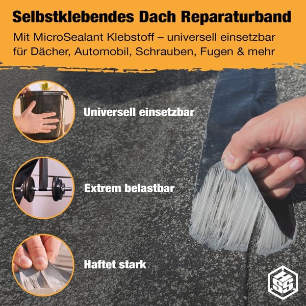 Zelfklevende dak reparatieband, wit, met MicroSealant lijm en toepassingsvoorbeelden