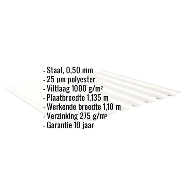 Damwandplaat 20/1100, zuiverwit, met ingebedde productdetails over materiaal, coating en garantie