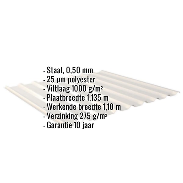 Damwandplaat 20/1100, Grijswit (RAL 9002), met ingebedde gegevens over materiaal, dikte en coating