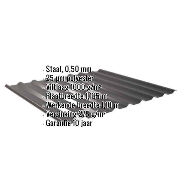 Damwandplaat 20/1100 Gitzwart met ingebedde gegevens over materiaal, dikte en coating