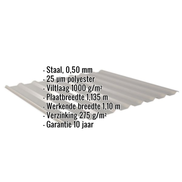 Damwandplaat 20/1100, grijs aluminiumkleurig, met ingebouwde gegevens over materiaal, dikte en coating
