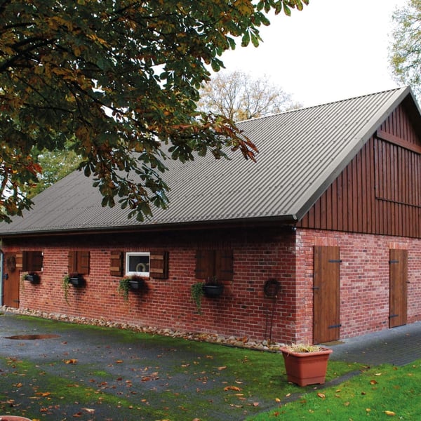 Damwandplaat 20/1100, grijs aluminiumkleurig, op een bakstenen gebouw met houten aanbouw, herfstbladeren