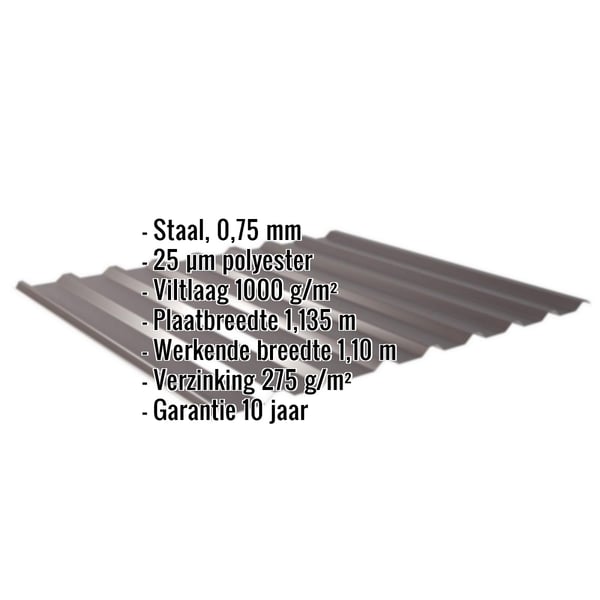 Damwandplaat 20/1100, 0,75 mm staal, RAL 8017 Chocoladebruin, met ingebedde specificaties