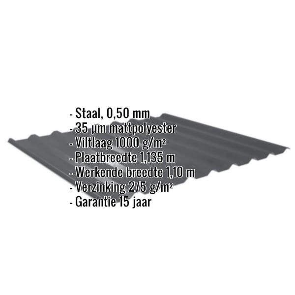 Damwandplaat 20/1100 | Dak | Anti-Drup 1000 g/m² | Staal 0,50 mm | 35 µm Mattpolyester | 23 - Donkergrijs