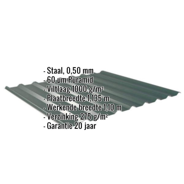 Damwandplaat 20/1100 Mosgroen met ingebedde specificaties voor materiaal, dikte, coating en garantie