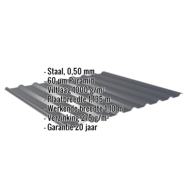 Damwandplaat 20/1100 antracietgrijs met ingebedde specificaties voor materiaal, dikte en coating