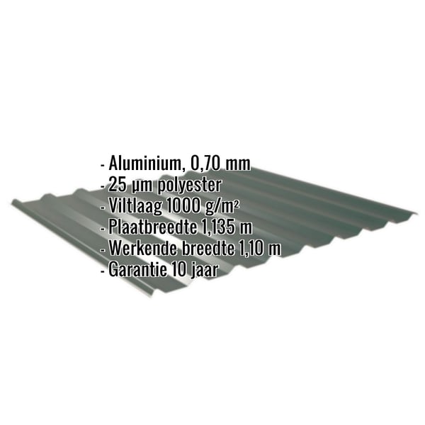 Damwandplaat 20/1100 mosgroen met ingebedde specificaties over materiaal, dikte, coating en garantie