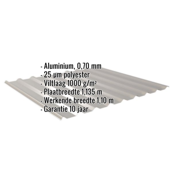 Damwandplaat 20/1100 aluminium 0,70 mm, RAL9007, met ingebedde specificaties