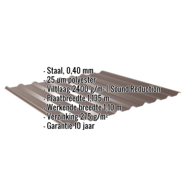 Damwandplaat 20/1100 Sepiabruin met ingebouwde gegevens over materiaal, coating en afmetingen
